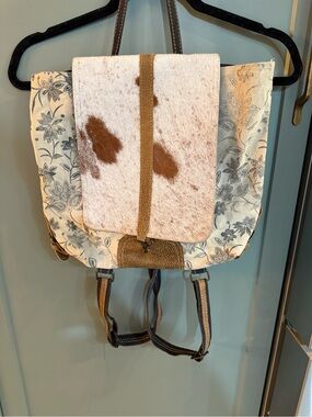Myra Floral Canvas & Cowhide Accent Backpack - Cream and Brown